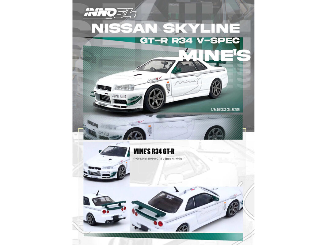 Nissan Skyline GT-R (R34) V-Spec Tuned by *Mine`s*, white/green - diecast64