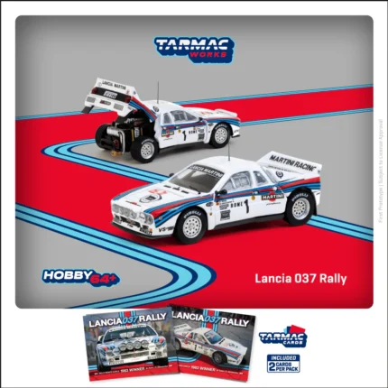 1/64 Lancia 037 Rally #1 W.Rohrl/C.Geistdorfer Winner Rally Monte Carlo 1983, white/red/blue Model car + Trading Cards Combo set  includes 1 pack of Tarmac Cards with 2 collectible trading cards inside