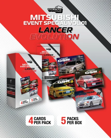 Tarmac Cards Mitsubishi Event Special Vol.01 - Lancer Evolution - First-ever set of Mitsubishi collectible trading cards - 4 different designs with rare limited edition parallel versions for each card (each pack will include all 4 designs but parallel versions are randomly inserted)