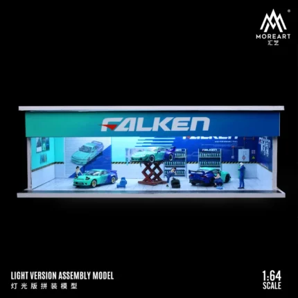1/64 Parking Garage *Falken with light*, blue  Size: 300mm x 133mm x 100mm Every product comes with assembly instructions in English. Diorama made from PVC, ABS and Acrylic. This diorama has LED lightning, powered by AA batteries.