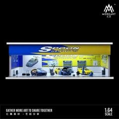 1/64 Parking Garage *Spoon with light*, blue/yellow  Size: 300mm x 133mm x 100mm Every product comes with assembly instructions in English. Diorama made from PVC, ABS and Acrylic. This diorama has LED lightning, powered by AA batteries.